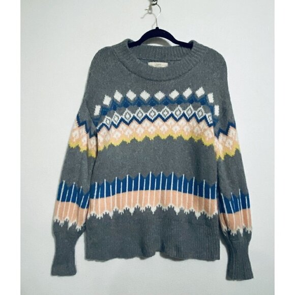 LOFT Fair Isle Sweater Womens Medium Balloon Sleeve Gray Mohair Soft Pullover - Picture 2 of 8
